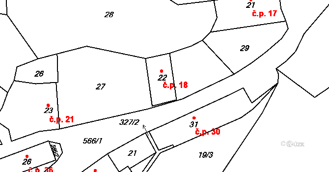 Hvozdec 18 na parcele st. 22 v KÚ Hvozdec, Katastrální mapa