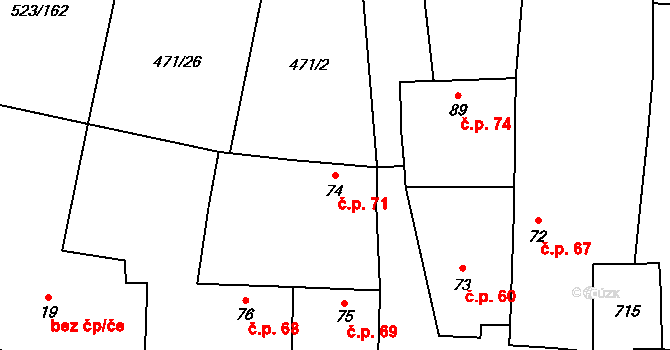 Podbradec 71, Mšené-lázně na parcele st. 74 v KÚ Podbradec, Katastrální mapa