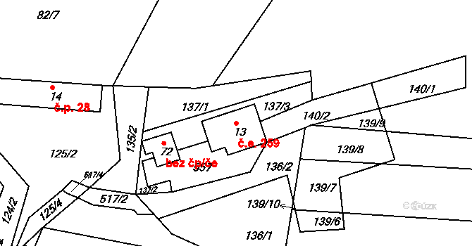 Přední Chlum 259, Milešov na parcele st. 13 v KÚ Přední Chlum, Katastrální mapa