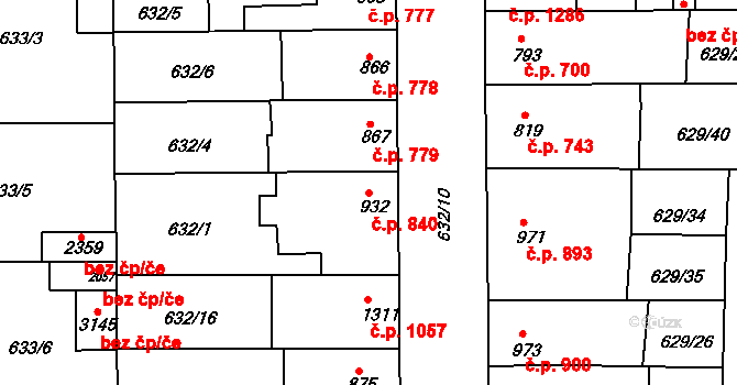 Lysá nad Labem 840 na parcele st. 932 v KÚ Lysá nad Labem, Katastrální mapa