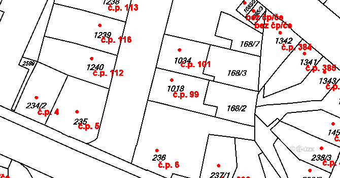 Jejkov 99, Třebíč na parcele st. 1018 v KÚ Třebíč, Katastrální mapa