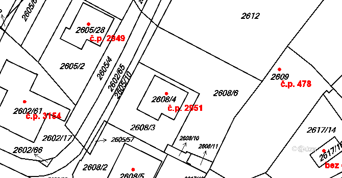 Teplice 2951 na parcele st. 2608/4 v KÚ Teplice, Katastrální mapa