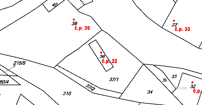 Milonice 22 na parcele st. 36 v KÚ Milonice u Lipůvky, Katastrální mapa
