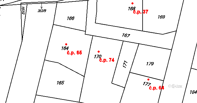 Tři Dvory 74, Litovel na parcele st. 170 v KÚ Tři Dvory u Litovle, Katastrální mapa