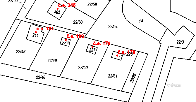 Podhoří 179, Cheb na parcele st. 227 v KÚ Podhoří u Chebu, Katastrální mapa