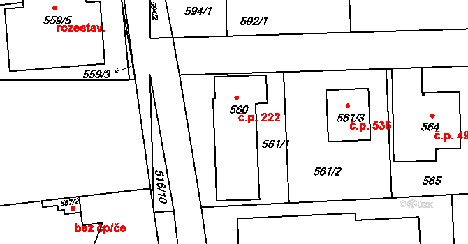 Písnice 222, Praha na parcele st. 560 v KÚ Písnice, Katastrální mapa