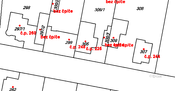 Čakovice 225, Praha na parcele st. 305 v KÚ Čakovice, Katastrální mapa