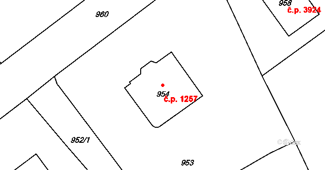 Chomutov 1257 na parcele st. 954 v KÚ Chomutov I, Katastrální mapa