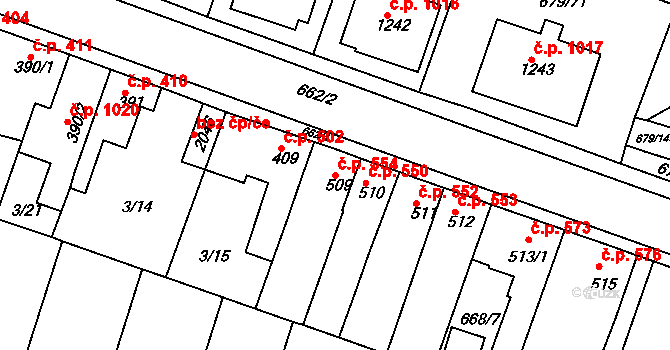 Rosice 554 na parcele st. 509 v KÚ Rosice u Brna, Katastrální mapa