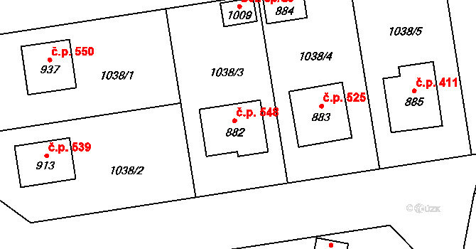 Mirošov 548 na parcele st. 882 v KÚ Mirošov, Katastrální mapa