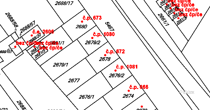 Lobzy 672, Plzeň na parcele st. 2678 v KÚ Plzeň, Katastrální mapa