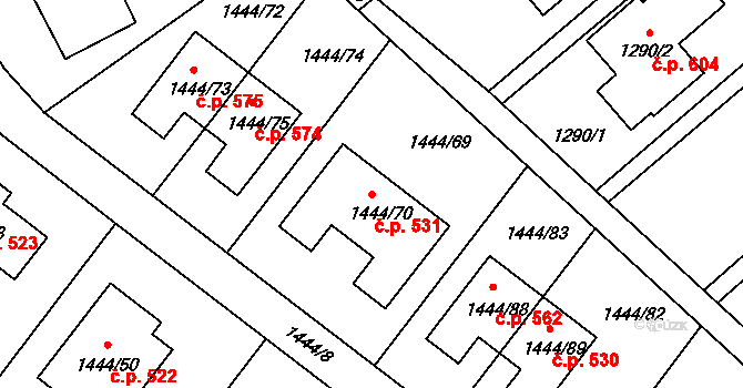 Štípa 531, Zlín na parcele st. 1444/70 v KÚ Štípa, Katastrální mapa