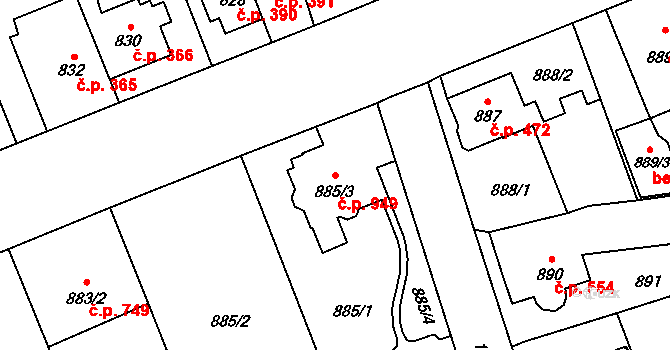 Hronov 949 na parcele st. 885/3 v KÚ Hronov, Katastrální mapa