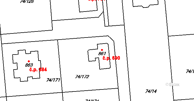Hovorčovice 690 na parcele st. 861 v KÚ Hovorčovice, Katastrální mapa