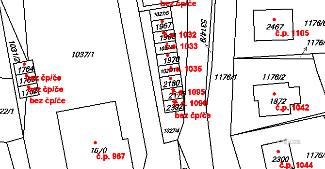 Vizovice 1095 na parcele st. 2180 v KÚ Vizovice, Katastrální mapa