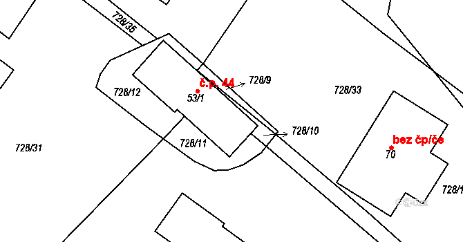 Olešínky 44, Zvole na parcele st. 53/1 v KÚ Olešínky, Katastrální mapa