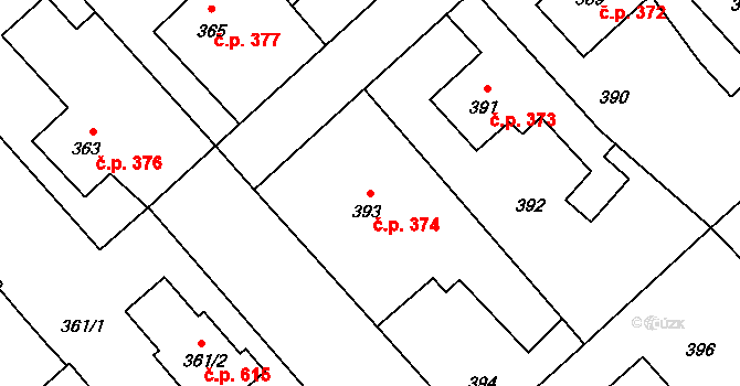 Měřín 374 na parcele st. 393 v KÚ Měřín, Katastrální mapa