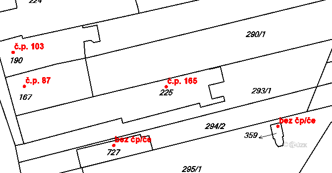 Louky 165, Zlín na parcele st. 225 v KÚ Louky nad Dřevnicí, Katastrální mapa