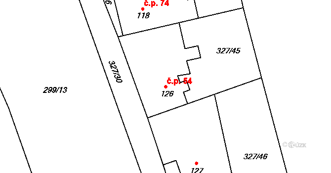 Žlebské Chvalovice 54 na parcele st. 126 v KÚ Žlebské Chvalovice, Katastrální mapa