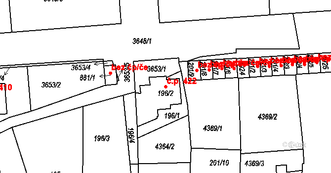 Kožlany 422 na parcele st. 196/2 v KÚ Kožlany, Katastrální mapa