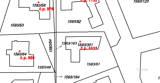 Kosmonosy 1133 na parcele st. 1593/301 v KÚ Kosmonosy, Katastrální mapa