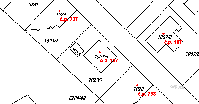 Týniště nad Orlicí 137 na parcele st. 1023/4 v KÚ Týniště nad Orlicí, Katastrální mapa