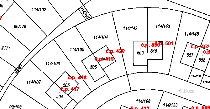 Drahelčice 420 na parcele st. 507 v KÚ Drahelčice, Katastrální mapa