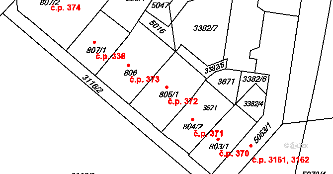 Kroměříž 372 na parcele st. 805/1 v KÚ Kroměříž, Katastrální mapa