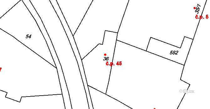 Chvalovice 45, Kovanice na parcele st. 36 v KÚ Chvalovice u Nymburka, Katastrální mapa