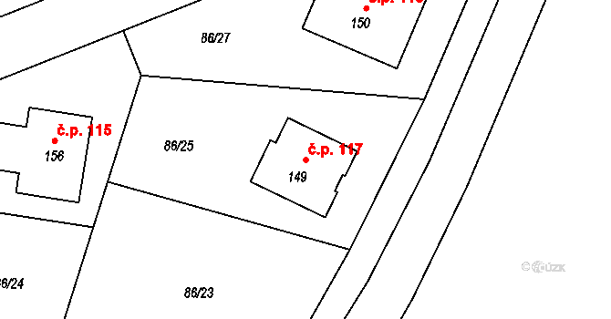 Skrýšov 117, Pelhřimov na parcele st. 149 v KÚ Skrýšov u Pelhřimova, Katastrální mapa