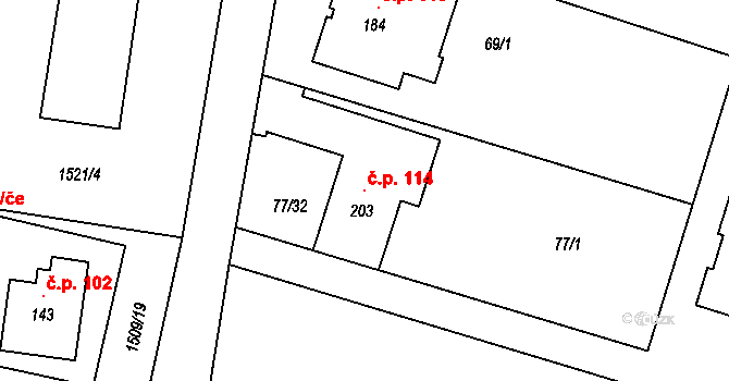 Vrbice 114 na parcele st. 203 v KÚ Vrbice u Roudnice nad Labem, Katastrální mapa