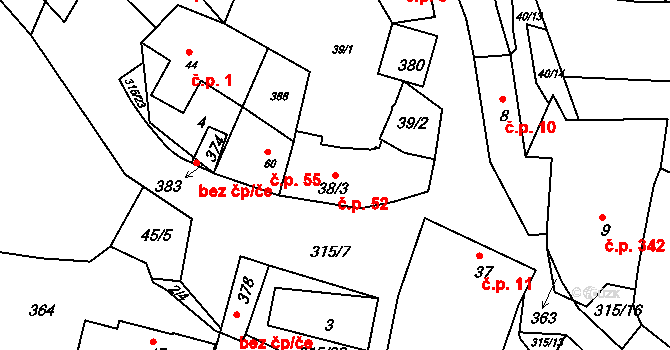 Jenštejn 52 na parcele st. 38/3 v KÚ Jenštejn, Katastrální mapa