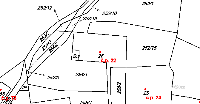 Hostěradice 22, Kamenný Přívoz na parcele st. 26 v KÚ Hostěradice, Katastrální mapa