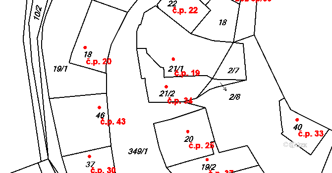 Popovice 34, Brandýs nad Labem-Stará Boleslav na parcele st. 21/2 v KÚ Popovice u Brandýsa nad Labem, Katastrální mapa