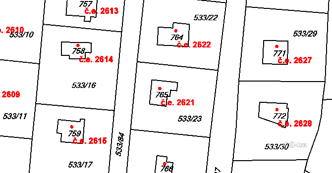 Těptín 2621, Kamenice na parcele st. 765 v KÚ Těptín, Katastrální mapa