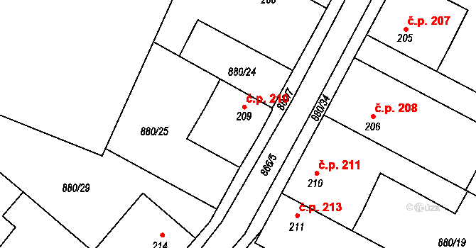 Lužec nad Cidlinou 210 na parcele st. 209 v KÚ Lužec nad Cidlinou, Katastrální mapa