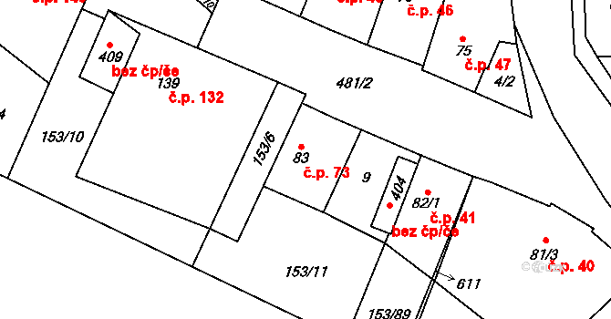 Skřivany 73 na parcele st. 83 v KÚ Skřivany, Katastrální mapa