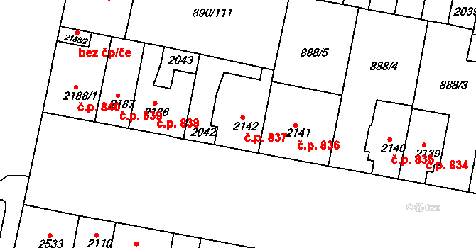 Horka-Domky 837, Třebíč na parcele st. 2142 v KÚ Třebíč, Katastrální mapa