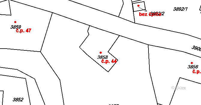 Lískovec 44, Frýdek-Místek na parcele st. 3858 v KÚ Lískovec u Frýdku-Místku, Katastrální mapa