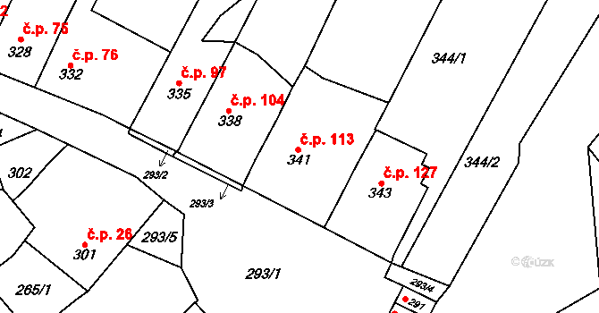 Rozdrojovice 113 na parcele st. 341 v KÚ Rozdrojovice, Katastrální mapa