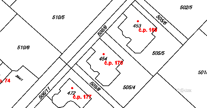 Horní Lhota 170 na parcele st. 454 v KÚ Horní Lhota u Ostravy, Katastrální mapa