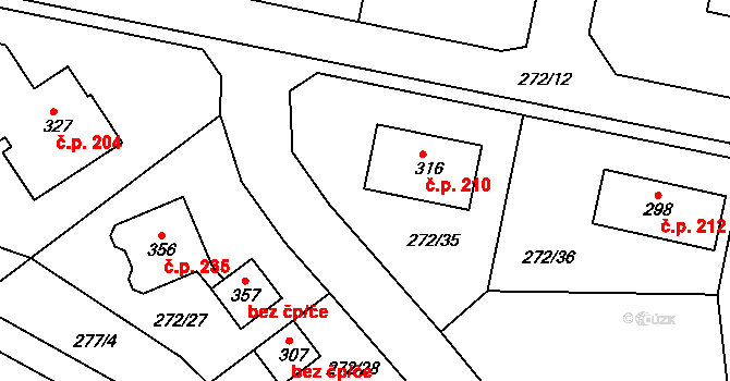 Únětice 210 na parcele st. 316 v KÚ Únětice u Prahy, Katastrální mapa