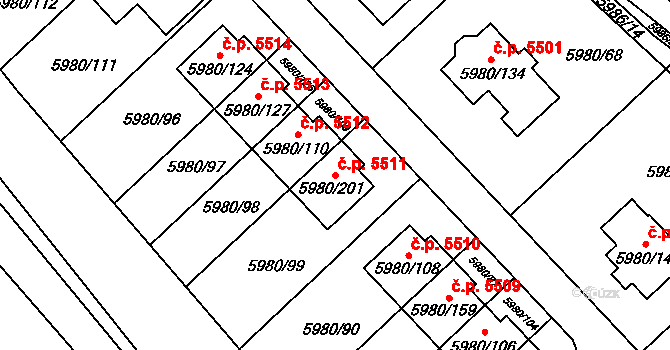 Chomutov 5511 na parcele st. 5980/201 v KÚ Chomutov I, Katastrální mapa