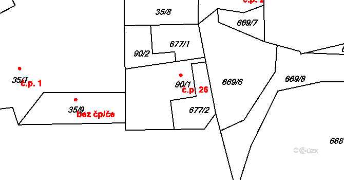 Lhota 26, Liběšice na parcele st. 90/1 v KÚ Lhota u Nečemic, Katastrální mapa