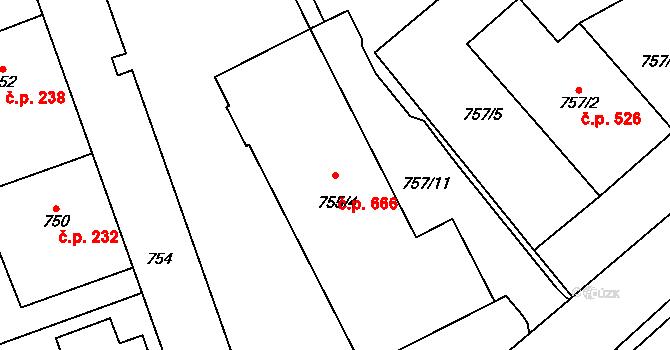 Dubeč 666, Praha na parcele st. 755/4 v KÚ Dubeč, Katastrální mapa