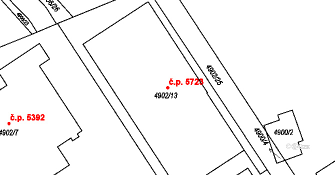 Chomutov 5723 na parcele st. 4902/13 v KÚ Chomutov I, Katastrální mapa