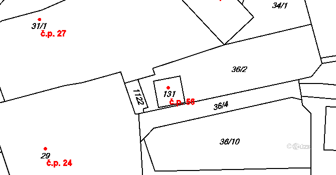 Erpužice 56 na parcele st. 131 v KÚ Erpužice, Katastrální mapa
