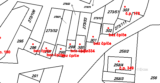 Sedlec 334 na parcele st. 300 v KÚ Sedlec u Mikulova, Katastrální mapa