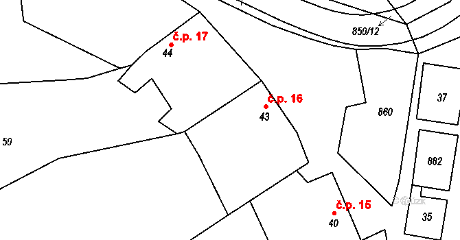 Tučapy 16 na parcele st. 43 v KÚ Tučapy, Katastrální mapa