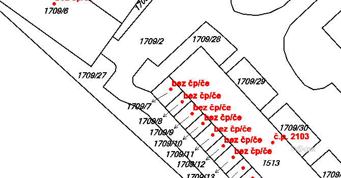 Milovice 49391330 na parcele st. 1709/7 v KÚ Milovice nad Labem, Katastrální mapa